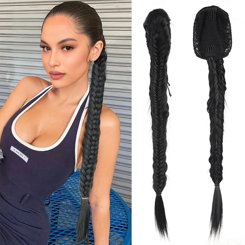 Fishbone Braid Ponytail Extensions Curly Wavy Drawstring Braiding Ponytail Synthetic Hairpiece for Women 24 Inch