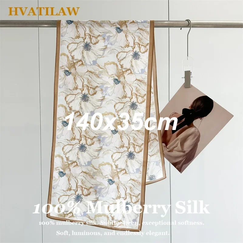 New 100% Mulberry Silk Luxury Stole 140x35cm Sun Protection Breathability Summer Travel Beach Head Scarf Hijab Bandana Neck Wrap