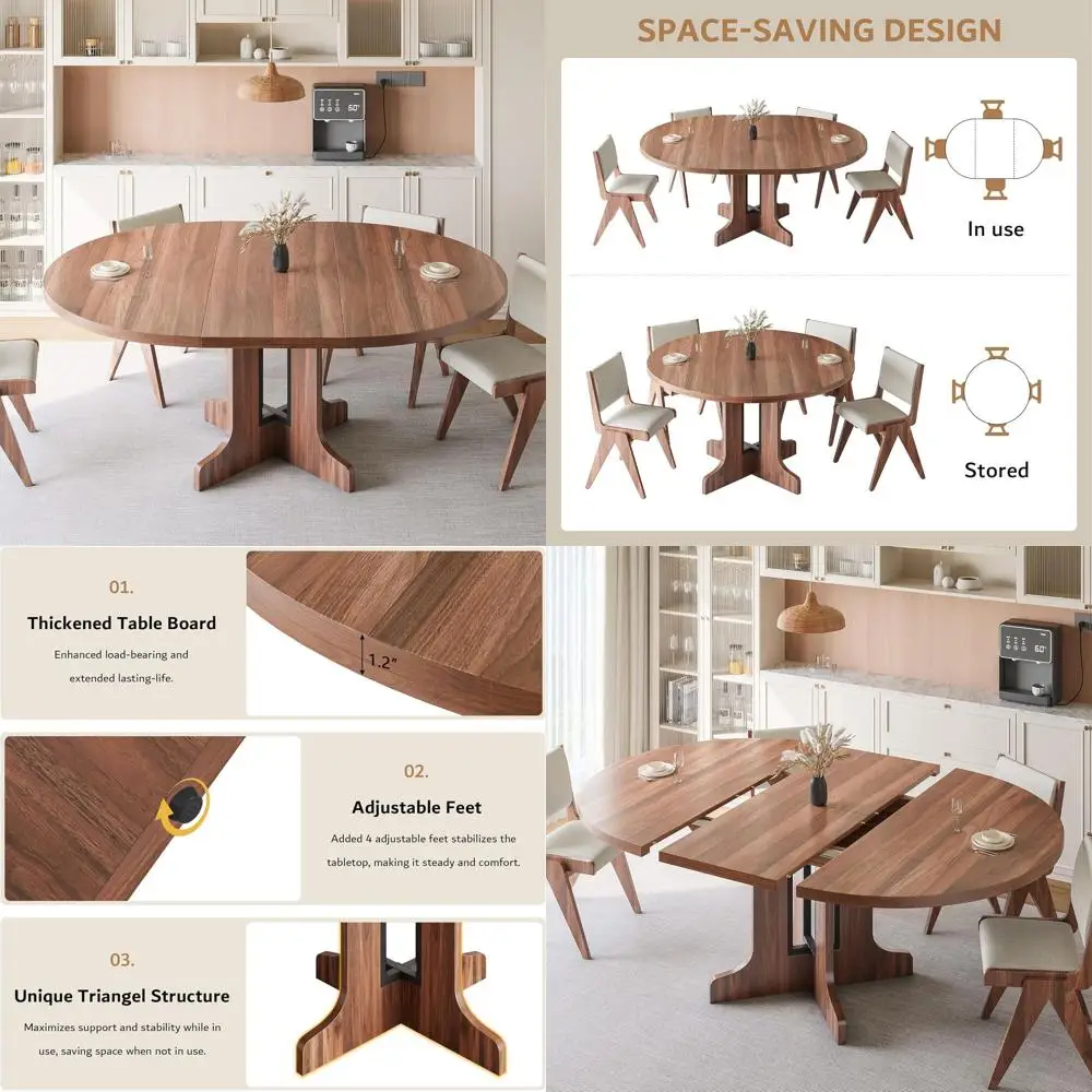 Table de salle à manger extensible ovale en noyer pour 4-6, table de cuisine moderne avec base sur pied, assemblage facile