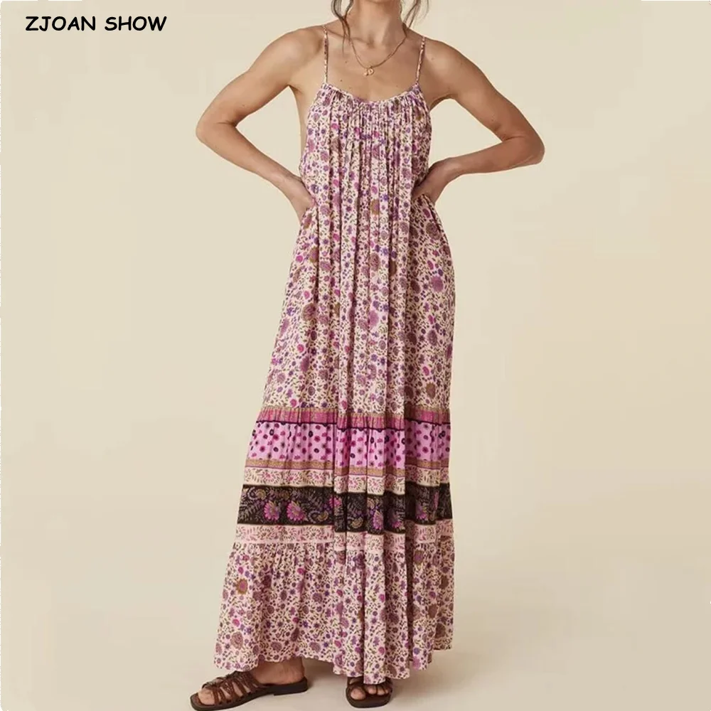 

2023 BOHO Pink Contrast Color Flower Print Midi Long Sling Dress Women Loose Ruched Hem Swing Swing Robe Holiday Green
