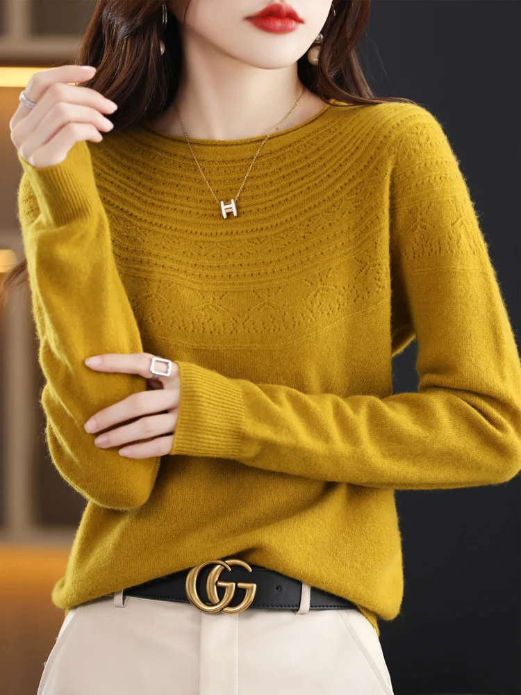 

Women 100% Merino Wool Sweater Spring Autumn Winter Hollow Pullover O-Neck Cashmere Knitwear Top Female Basic Bottoming Clothing
