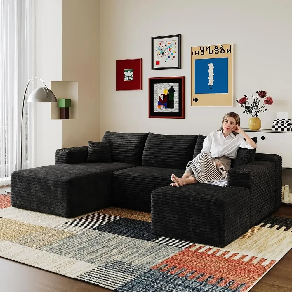 

96 U-Shape Sectional Cloud Sofa with Chaise and Ottoman - Comfortable Corduroy Living Room Furniture - Memory Foam, Ready to Use
