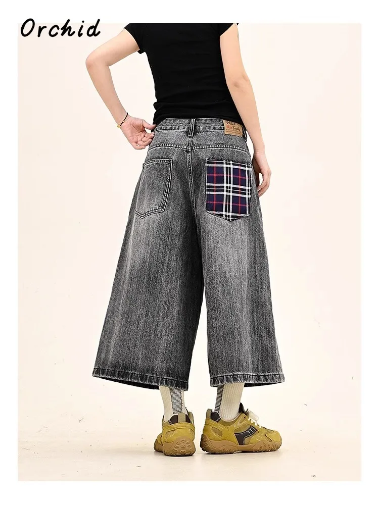 Grunge Y2K Eclectic Mid Long Denim Trouser 2000s Street Retro High Waist Jeans Women's Vintage Casual Plaid Patchwork Pants