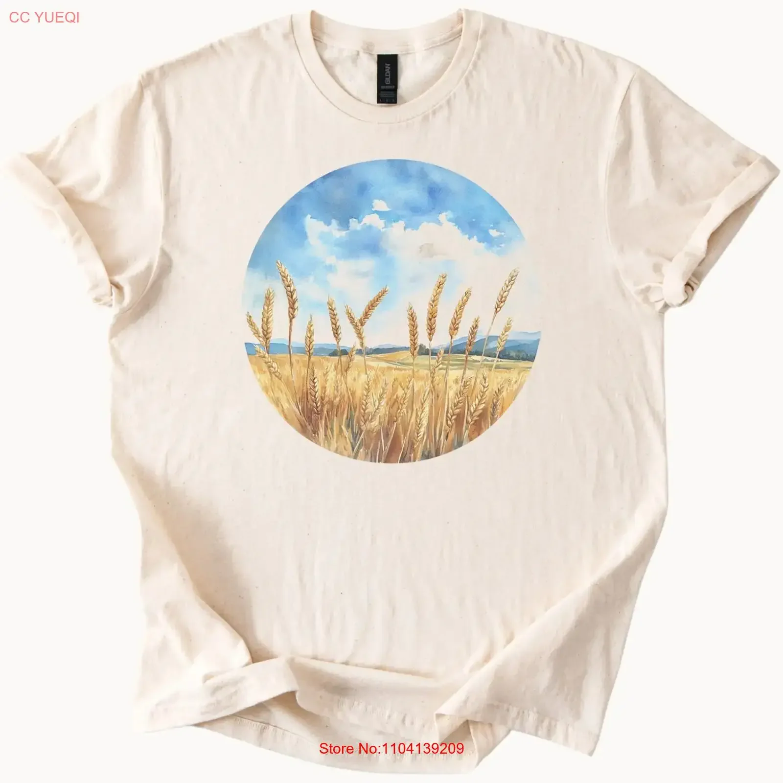Wheat Field Art T Shirt Watercolor Grain Landscape Blue Sky  vintage Washed designer clothes Casual Soft Versatile graphic