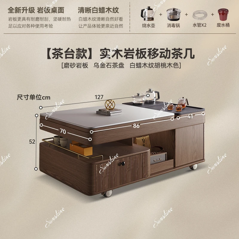 Solid wood rock slab coffee table living room home modern new Chinese style tea integrated movable