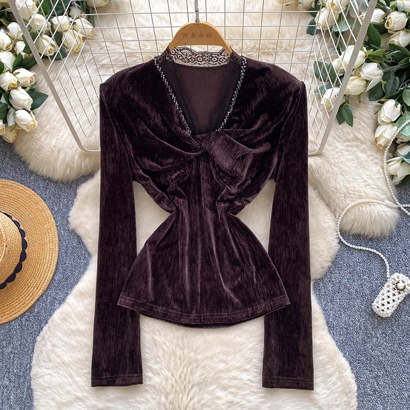Women's Blouse French Vintage Royal V Neck Lace Patch Twist Knot Velvet Slim Workwear Spring Autumn Shirt Female Tops BL614