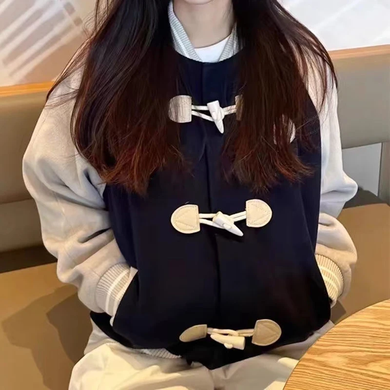 

Лоскутное пальто контрастного цвета в консервативном стиле Y2K Эстетические женские повседневные пальто с воротником-стойкой Harajuku Свободные однобортные куртки