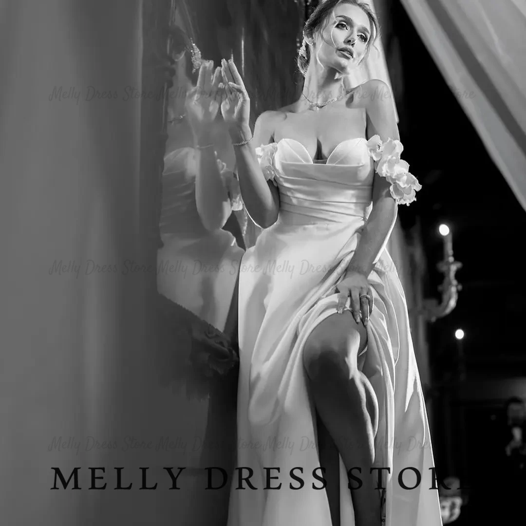 Melly Wedding Dress Elegant 3D Florals Off Shoulder Satin vestido de novia Plunging Neckline High Slit Bridal Gown Customized