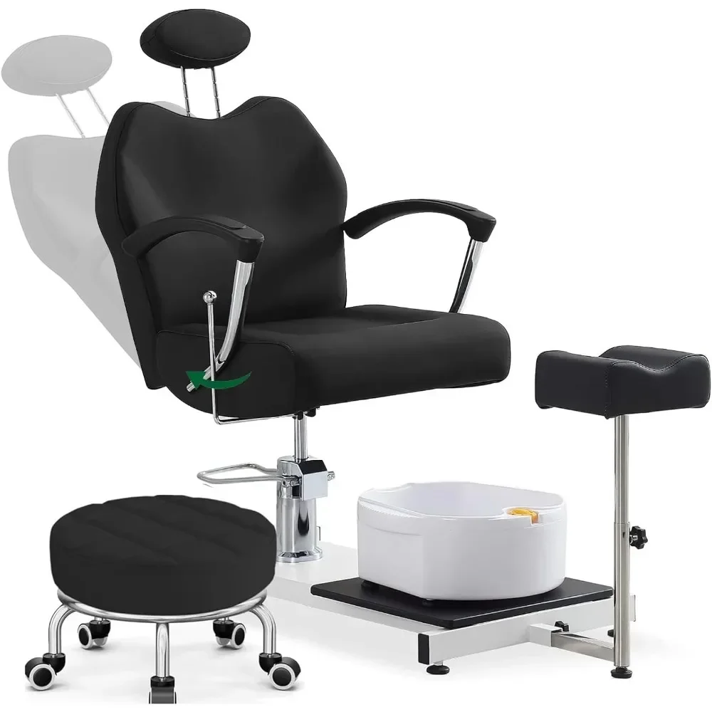 

Reclining Pedicure Station with Stool Chair, Hydraulic Height Adjustable 360 Swivel Portable Pedicure Station W/Stool, Footrest