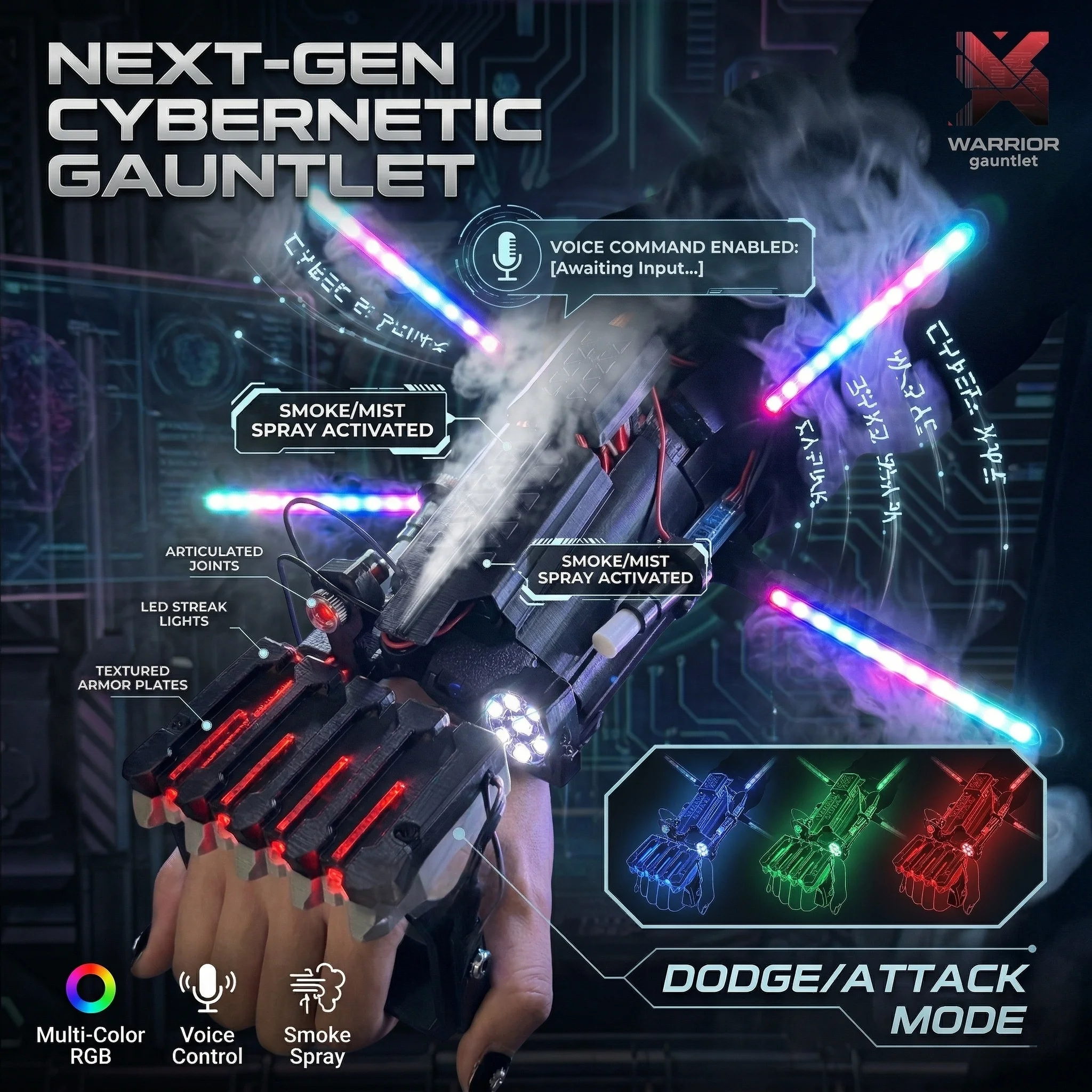 

Cyberpunk Mechanical Arm Seven Color Lights Cool Spray Mechanical Exoskeleton Black Technology Cosplay Gift For Adult