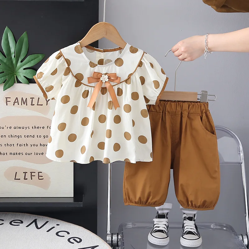 

2025 Summer Baby Girl Clothes 9 12 Months Korean All Over Print Polka Dot Short Sleeve T-shirts and Shorts Girls Outfits Sets