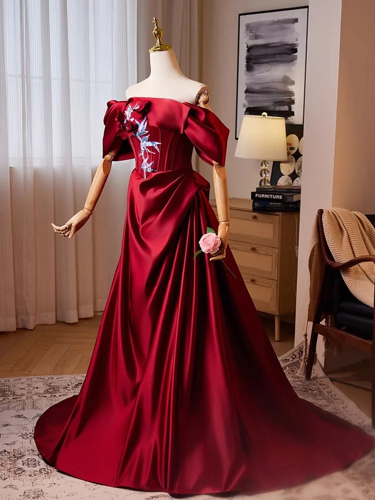 Custom Made Wine Red 100% Real Picture Women Evening Dress For Wedding Party Off Shoulder Satin A Line Long Prom Formal Wear