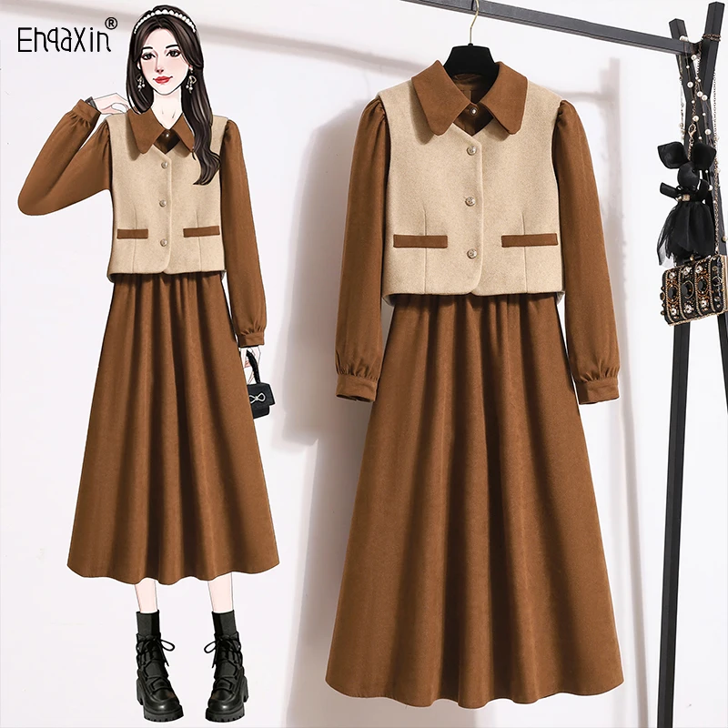 EHQAXIN Autumn Winter Womens Dress Set Fashion 2023 New Loose Button Woolen Vest+Elegant Art Shirt Button A-Line Dress Set L-4XL