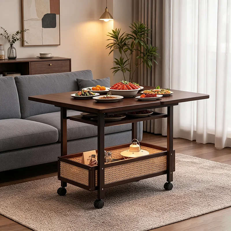 Folding Mobile Coffee Table Rattan On Wheels Vintage Rustic Coffee Table Multifunction Modern Mesa De Centro Furniture Home