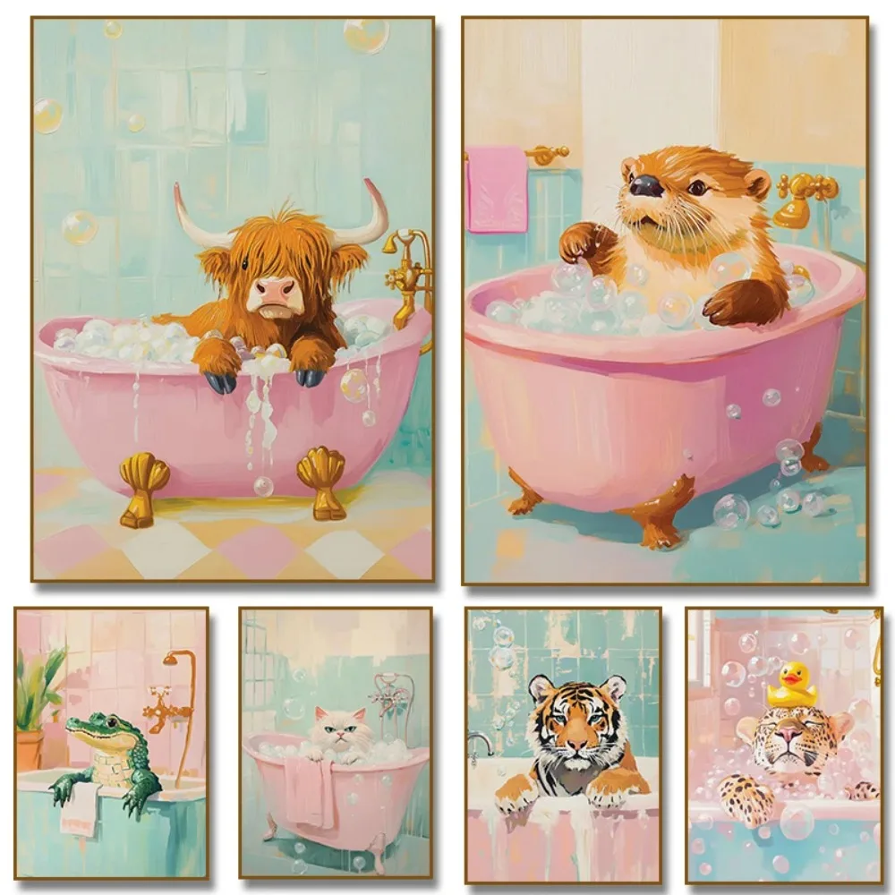 Funny Cat Alligator Leopard Tiger in A Bathtub Poster Shark Diamond Painting Print Wall Art Picture for Bathroom Decoration