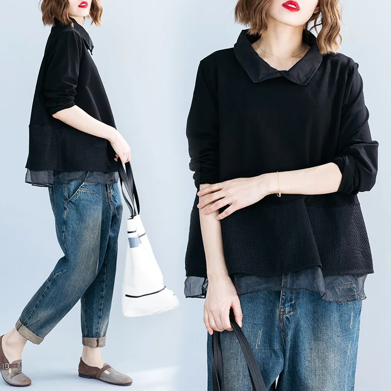 Loose Fit Lace Ogees Long Sve irt Artistic Women's Faion Autumn New Sle Korean Version Big Size Patchwork Sweatirt