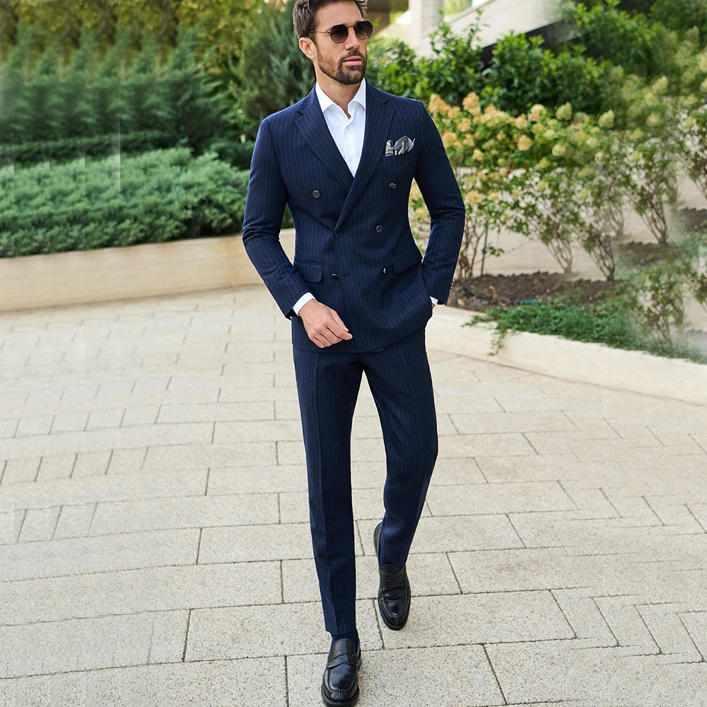 

Navy Pinstripe Men Suits Double Breasted Wedding Business Suit traje formal para hombre Blazer Tuxedos 2 Pieces Jacket+Pants