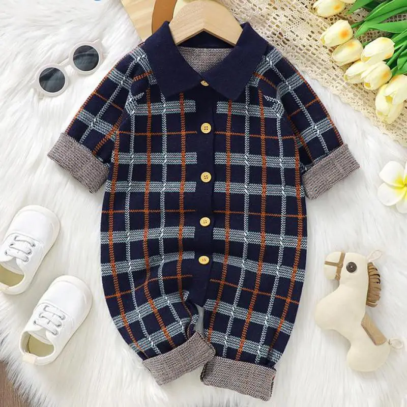 

Autumn Winter Baby Clothes Fashion Newborn Plaid Knitted Cardigan Lapel Romper Boy Girl Knit Casual One-piece Infant Jumpsuit