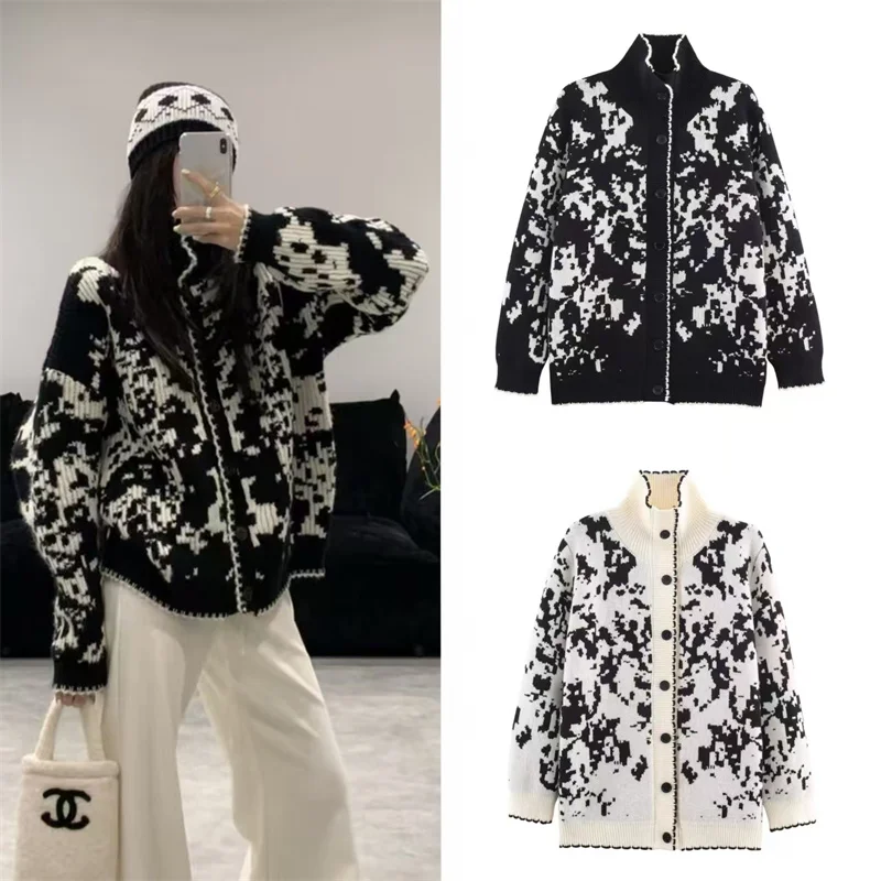 

Women's Jacket 2025 Winter New Style Jacquard Long Sleeve Loose Single-Breasted Knit Cardigan Jacket Casual Fashion Versatile