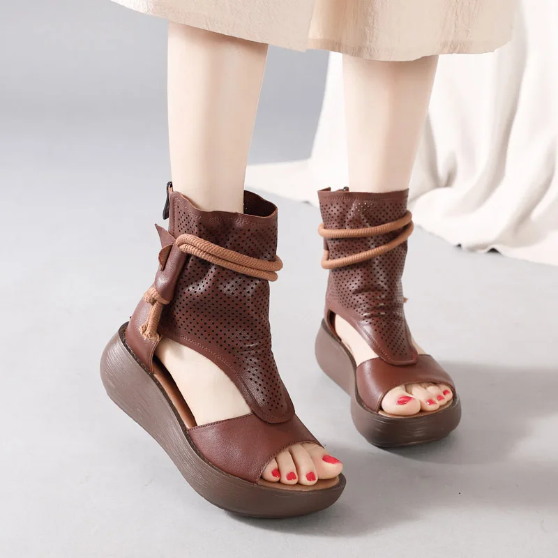 New Handmade Genuine Leather High-Top Roman Sandals Top Layer Cowhide Platform High Heel Hollow String Summer Ankle Boots