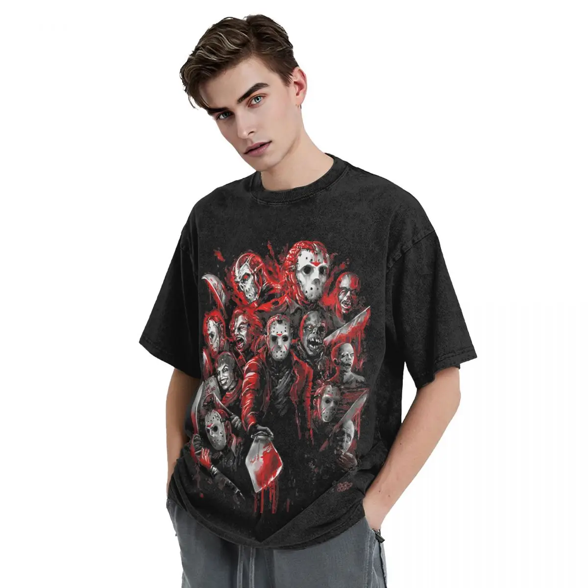 Washed T Shirts Jason Voorhees Horror Movies Character Retro T-Shirt Oversize Streetwear Cotton Printed Tops Men Women Tee Shirt