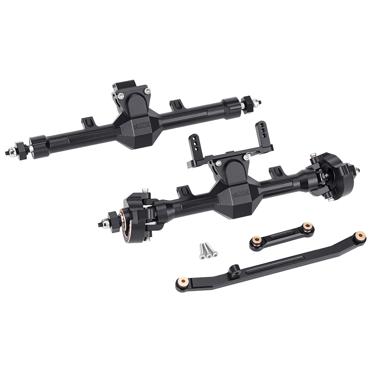 AMK SCX24 CNC Aluminum & Brass Axle Set, 52° CVD Front Rear Axles, +10mm Wide for Deadbolt C10 JLU Gladiator Bronco