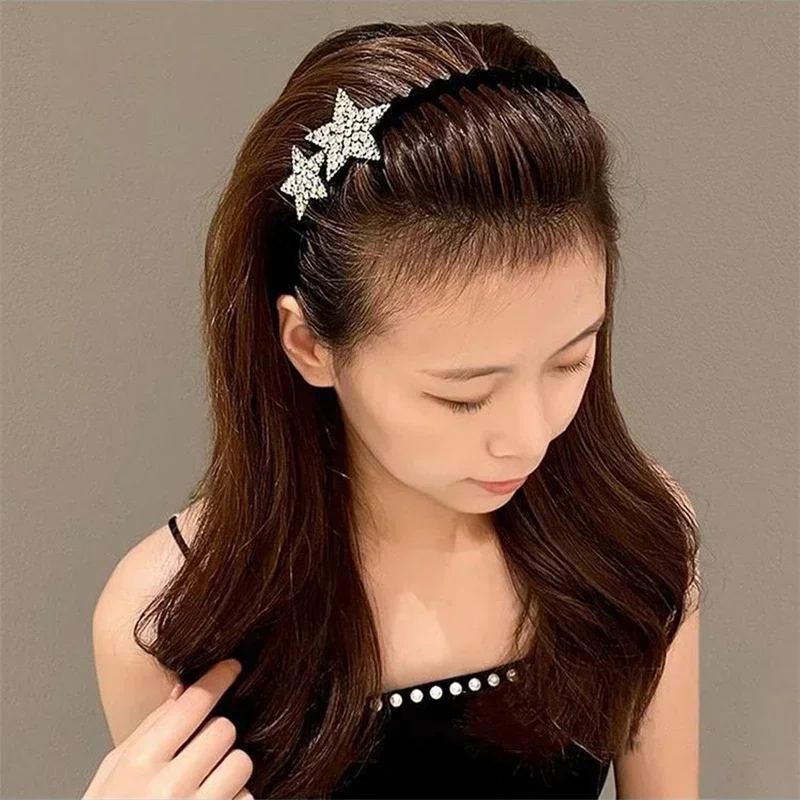 Rhinestone Double-star Hair Hoops Bands Flocking Face Wash Hair Bands for Women Teeth Comb Headband Luxury Hair Hoop Accessories