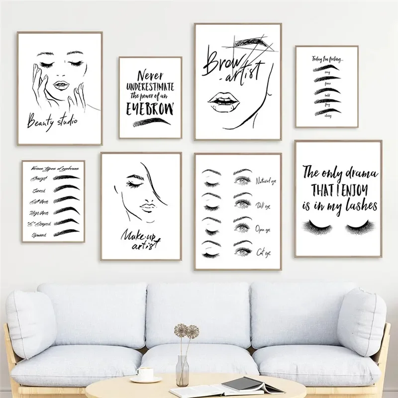 Fashion MakeUp Canvas Painting Eyebrow Eyelashes Wall Art Lips Poster Beauty Salon Decoration Girl Bedroom Room Decor Picture