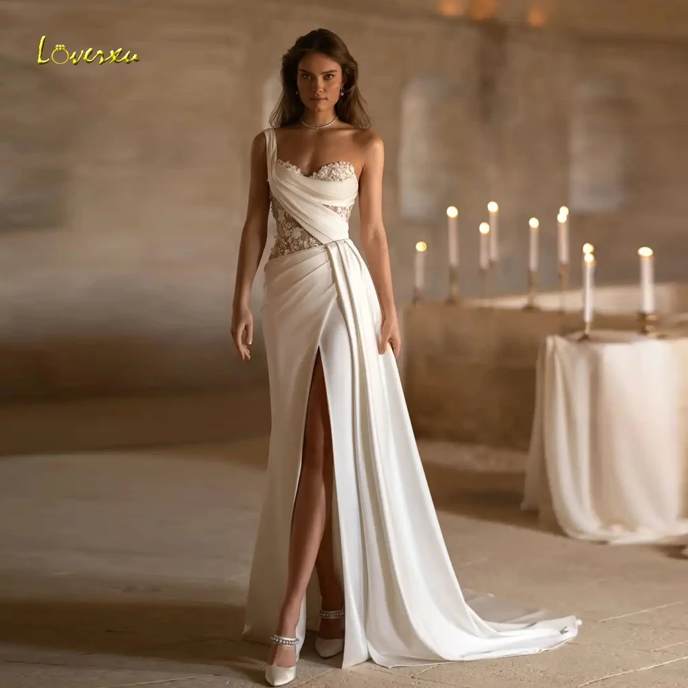 Loverxu Mermaid Matte Satin Wedding Dresses Sweetheart One Shoulder Vestido De Novia Lace 3D Flowers Custom Made Bridal Gown