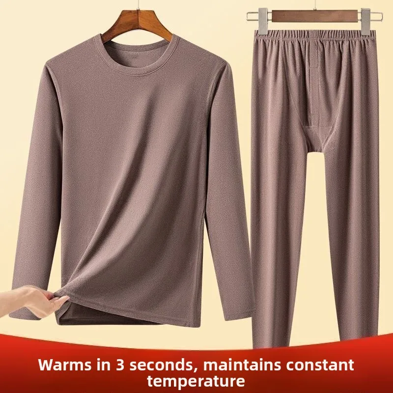 Men's Double-Sided Fleece Warmth Underwear Set Wear-Resistant Slim Fit Base Shirt Long Pants Sleepwear Two-Piece Suit