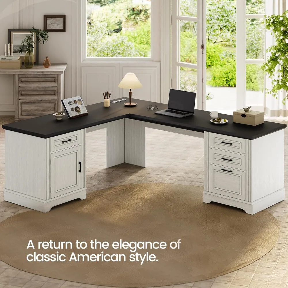 

Executive L-Shaped Farmhouse Desk for Home Office with File Storage and Power Outlet