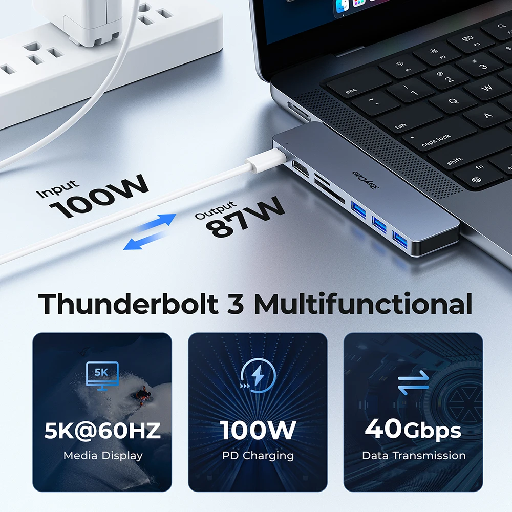 RayCue-USB-C Hub para MacBook Pro Air, Docking Station USB, Thunderbolt Dock, 5K, adaptador compatível com HDMI, M1, M2 Laptop, 7 em 2