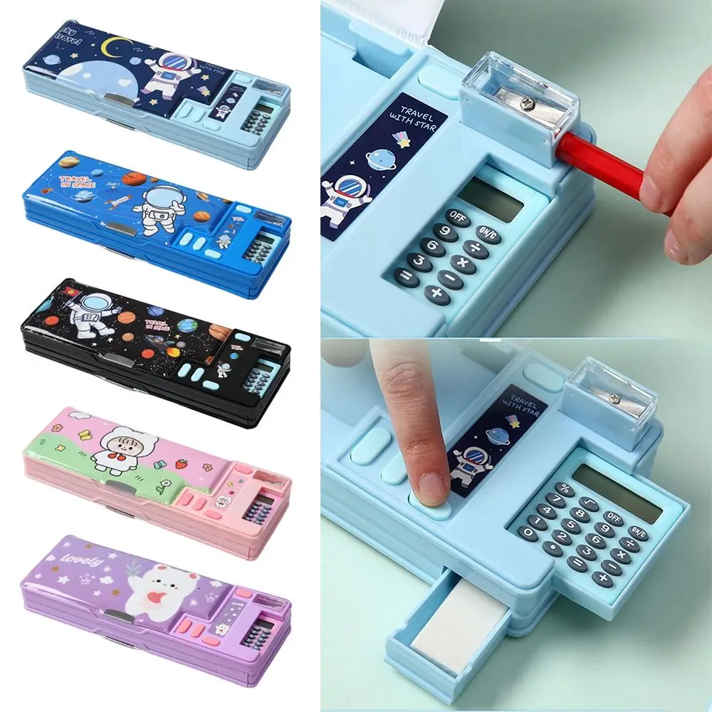 Estuche de lápices de doble capa con calculadora, caja de almacenamiento de papelería con diseño de astronauta/animales, sacapuntas de plástico