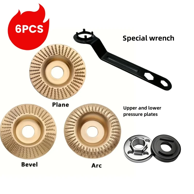 6Pcs Woodworking Grinding Wheel Disc - Plane and Bevel and Arc, Plus 100 Type Angle Grinder Universal Detachable Upper and Lower Pressure Plate Set and 1 Heavy-Duty Angle Grinder Wrench - Adaptation - Metal Polishing Disc for Engraving and Shaping, Rotating Tool Accessories