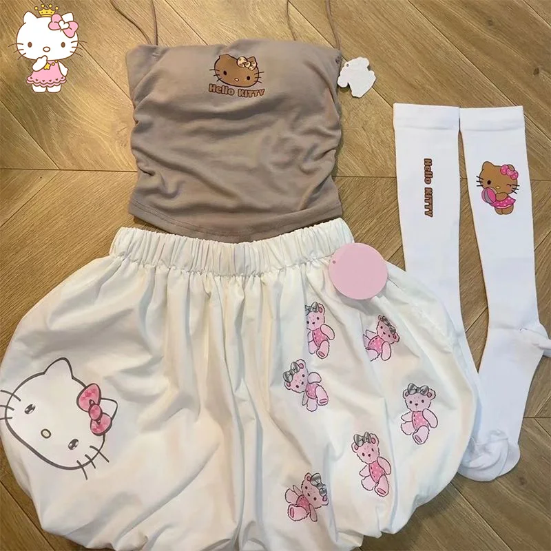 3Pcs Cute Hello Kittys Vest Cartoon Kawaii Sexy Hottie Slim Fit Short Printing Y2k Summer Upper Garment Pumpkin Shorts Girl Gift