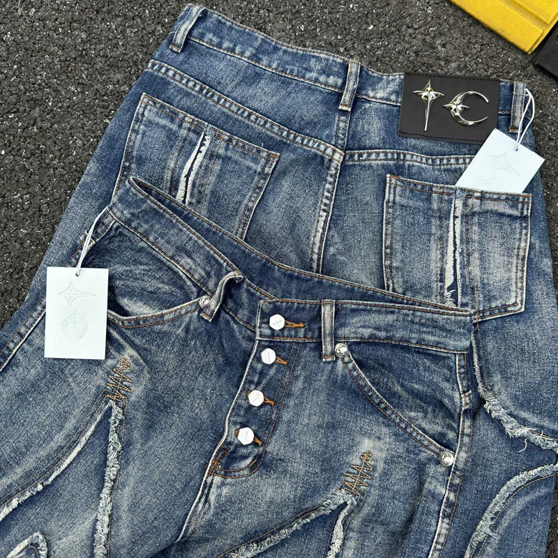 25SS جديد البلطجة نادي الجينز النمط الأمريكي التطريز نمط معدني شعار شارع العليا فضفاض منتصف الخصر الرجال الدنيم السراويل #3