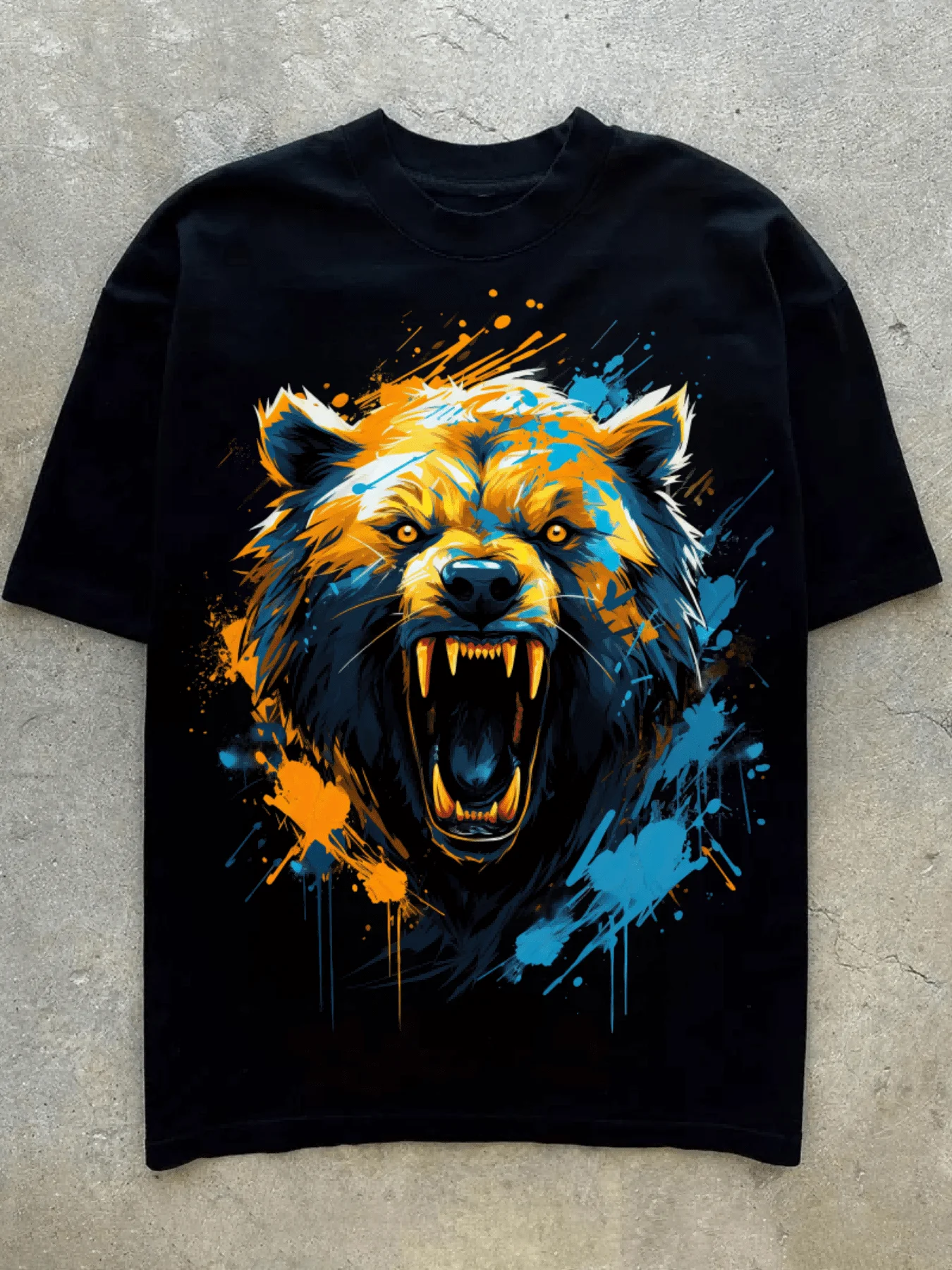 Fierce roaring bear print pattern men\'s T-shirt short sleeved summer fashion street casual comfortable pure cotton T-shirt