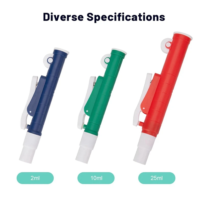 Bombas de mano para laboratorio, pipetas de vidrio o plástico, 3 piezas, 2Ml, azul, 10Ml, verde, 25Ml, Rojo