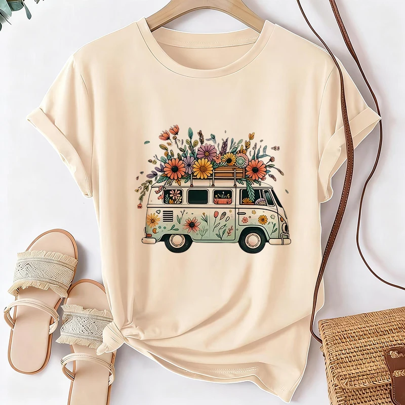 

Cartoon Colorful Flowers Double Decker Bus Short Sleeve Round Neck T Shirt Tops Women's Y2K T-Shirt Funny Casual Tshirt Clothes