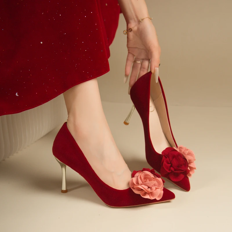 New Pointed Toe Stiletto Flower Decoration Solid Color Fashion Elegant Women's Shoes Sexy Banquet Party Wedding High Heels