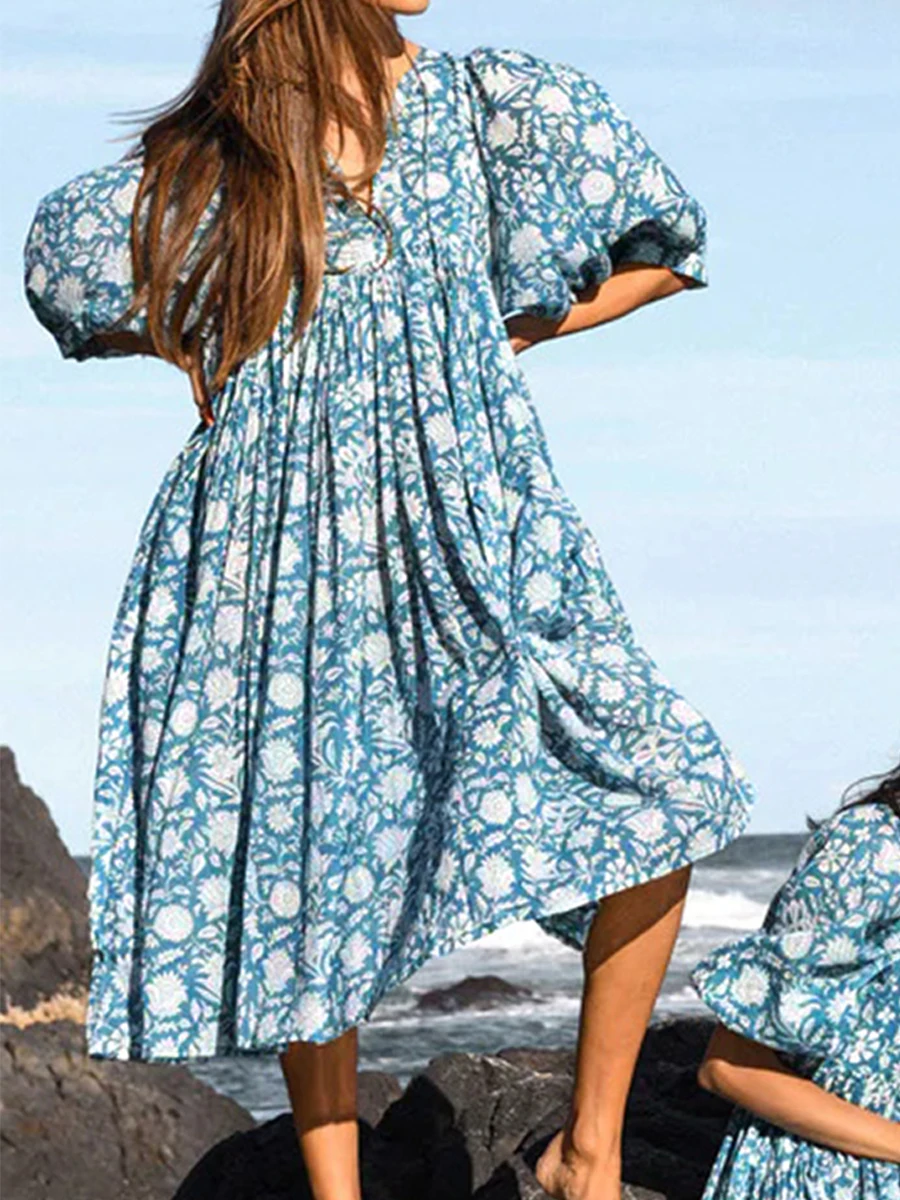 Women Summer Casual Mini Dress Floral Print Tie-Up Half Sleeve Puff Sleeve Loose Dress Fashion Baggy Dress