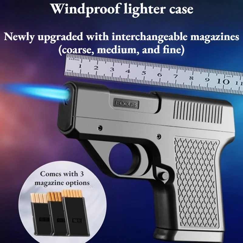 Gun-Style Windproof Inflatable Lighter with Integrated Cigarette Case - 3-Size Magazine Fit  Cigarettes, Premium Gift for Men