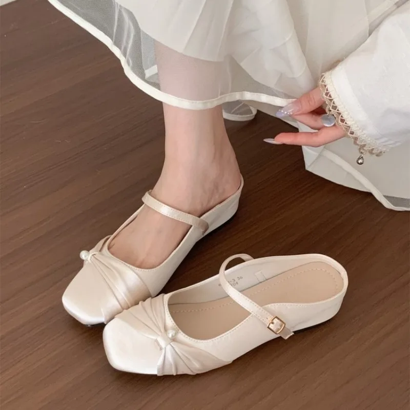 

French Square Toe Hidden Heelbows One-piece Strap Toe Half Slippers Women's Summernew Arrivalthick Sole Sandals
