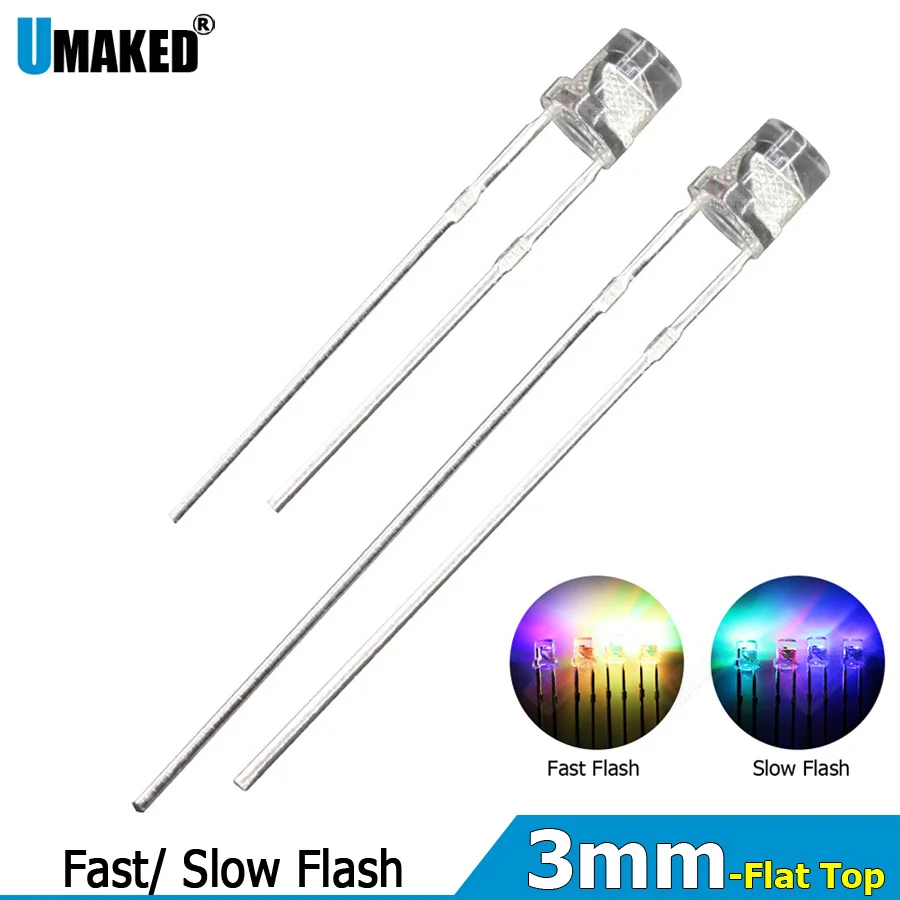 

1000pcs 3mm Clear LED flat top lamps diodes chip 20mA light beads F3 led Emitting diodes RGB Fast/Slow Flash Lighting DIY lamp