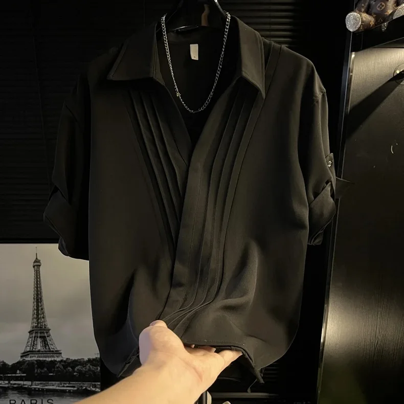 Versatile Short Sleeved Shirt Men's Korean Version Trendy Casual V-neck Shirt Personalized Social Street Wear Loose Pullovers