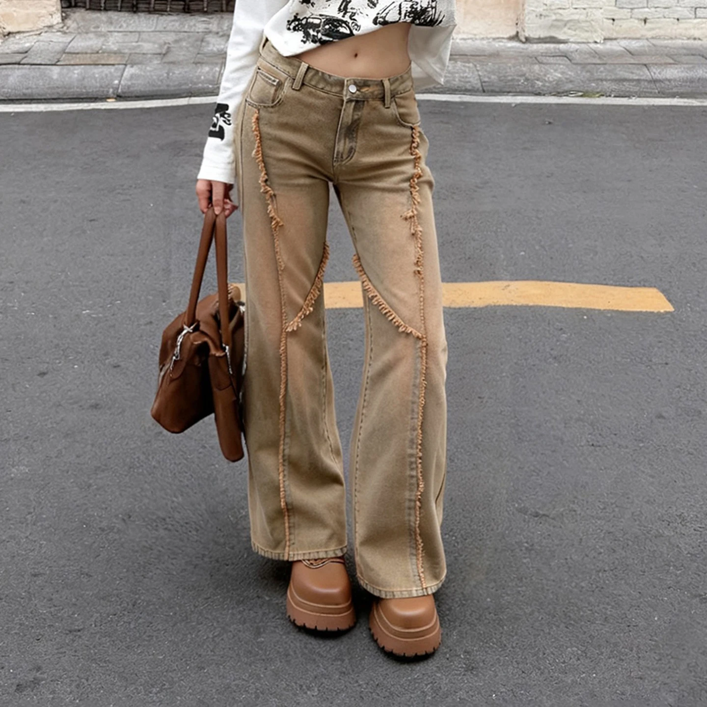 

SUCHCUTE Vintage Frayed-edge Loose Jeans Women Casual Stragiht Denim Pants Y2K High Street Leg Trousers Harajuku Clothes Aesthet