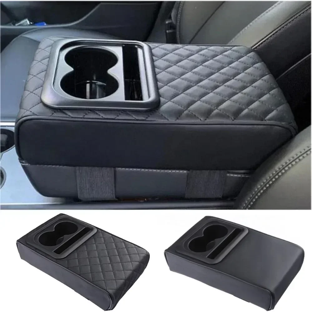 Auto Center Console Armrest Cushion with 2 Cup Holder PU Leather Armrest Pad Portable Car Amrest Pillow Cover Height Pad