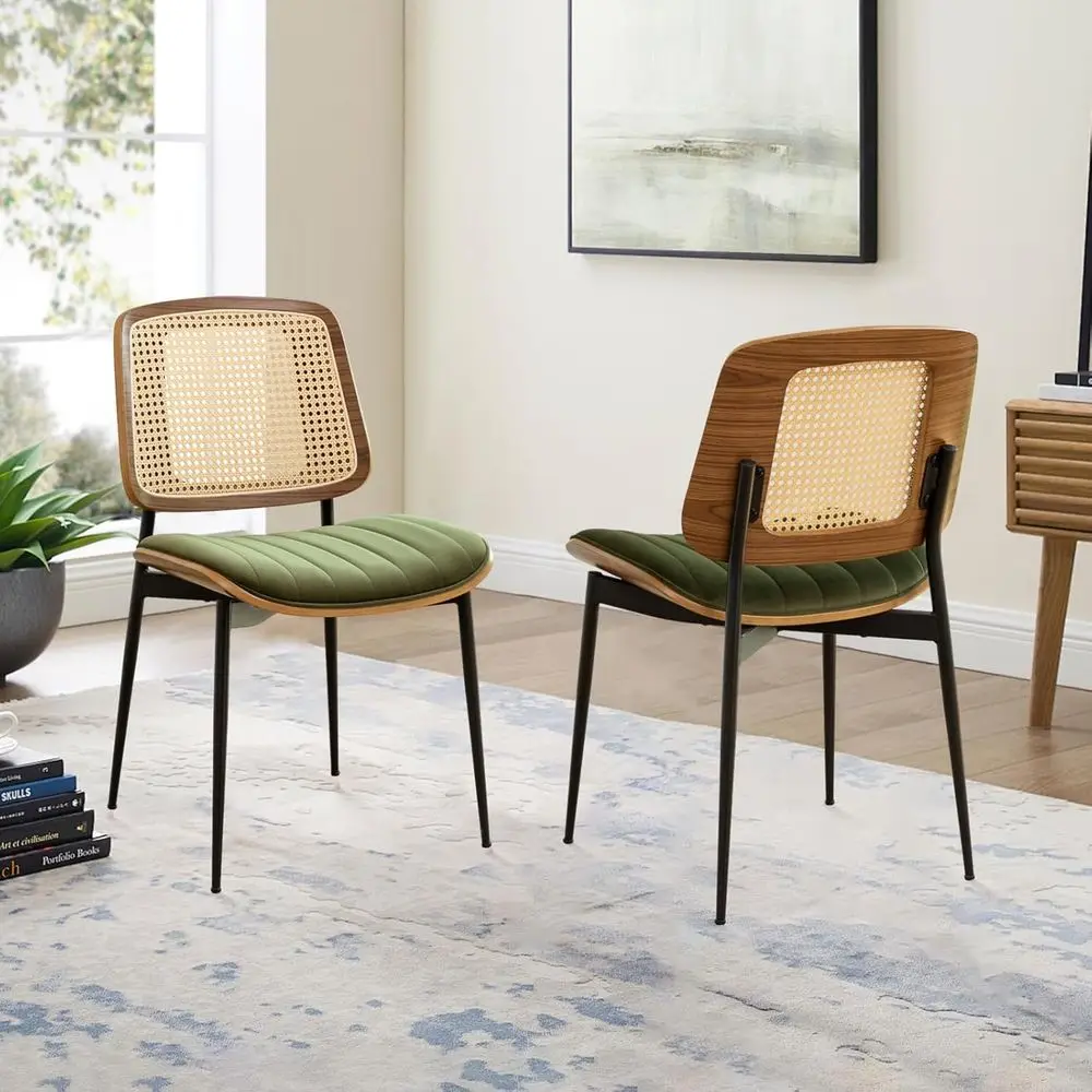 

Mid-Century Modern Green Velvet Upholstered Dining Chairs with Walnut Legs