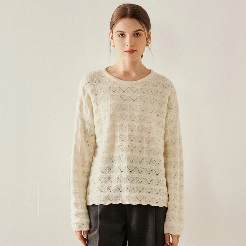 

Women's Sweater Autumn/Winter New 100% Pure Cashmere Hoodie Casual Solid Knitted Tops Fashion Korean Loose Round Neck Blouse