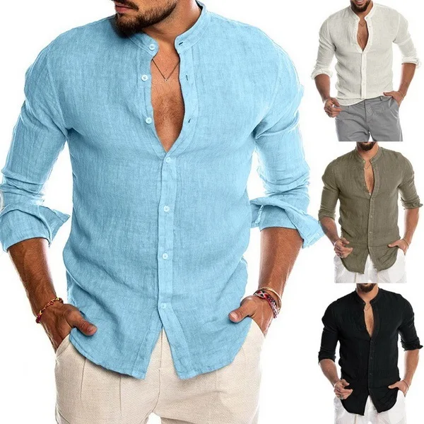 Men Shirts Solid Stand Collar T Shirt Long Sleeve Casual Shirts Single Breasted Blouses Buttons Cardigan Summer Loose Fit